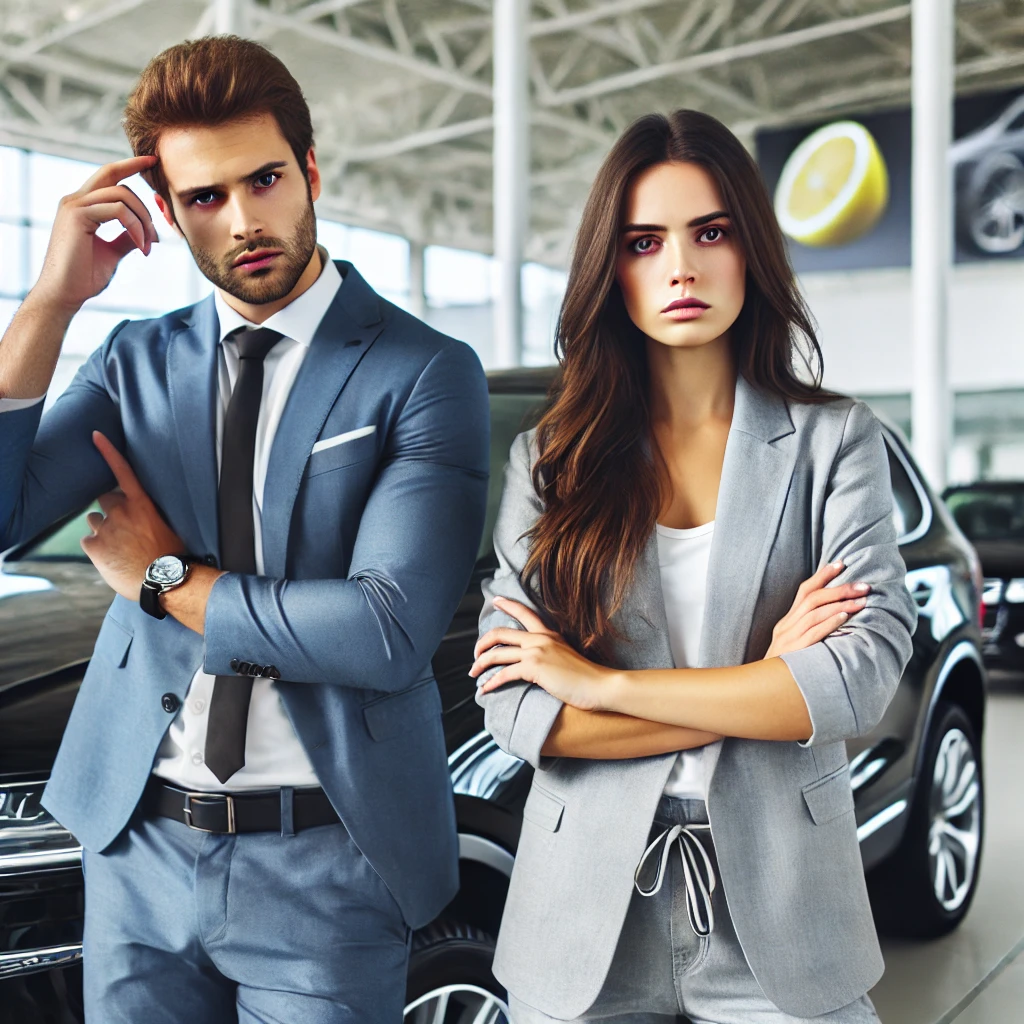 A frustrated couple standing in a car dealership next to a luxury SUV, expressing concern over car issues. The background shows a dealership environment, symbolizing their challenges with navigating lemon law and car repairs.