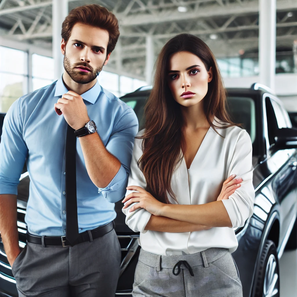 mage:

Alternative Text:
A concerned couple in a car dealership, standing near a luxury SUV, expressing frustration over ongoing vehicle safety issues. The image conveys the stress of dealing with lemon law claims and defective vehicles.