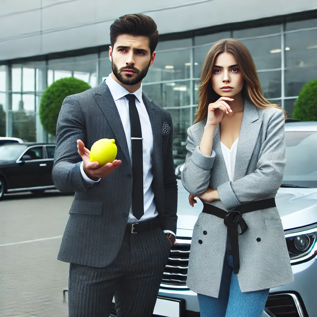 Concerned couple standing near a car dealership discussing lemon law issues, reflecting how dealers and manufacturers impact the process.