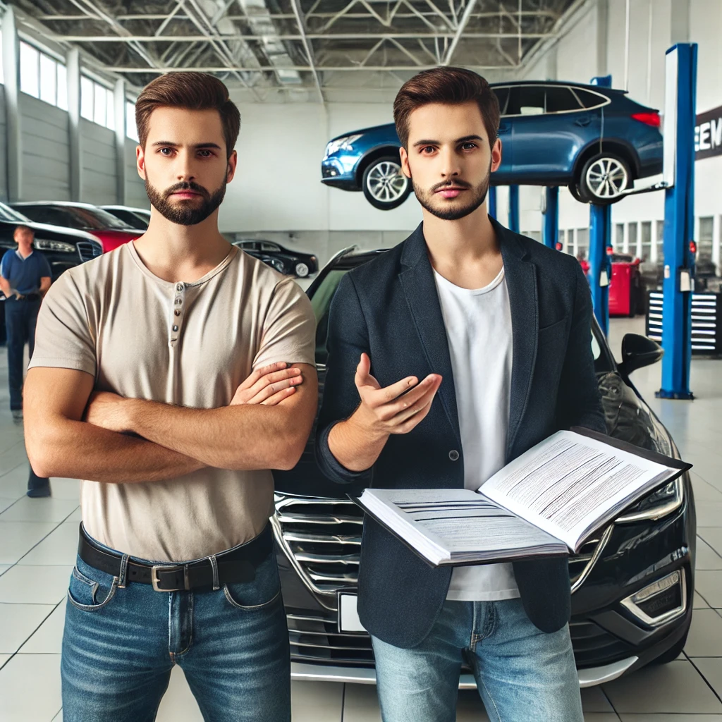 A confident couple standing in front of a car at a dealership. One person holds a stack of documents while the other gestures assertively towards the car. The background shows service bays and cars being repaired, symbolizing the couple's determination in dealing with a Lemon law claim and protecting their consumer rights.