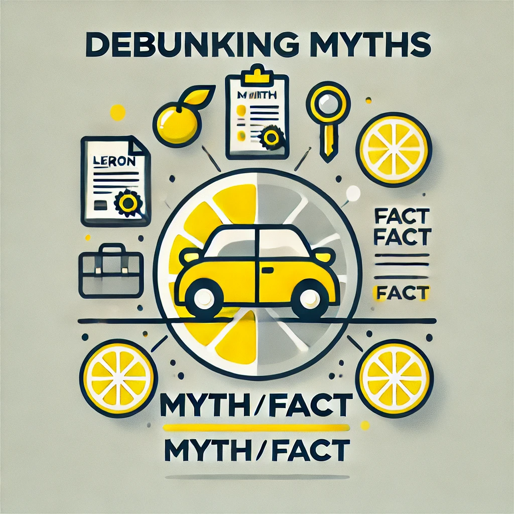 Illustration showing a lemon car with myth and fact icons, representing the concept of debunking common myths about lemon cars in a minimalistic style with yellow and grey colors.